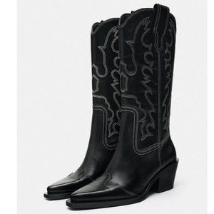 ZARA NWT Black Leather TOPSTITCHED LEATHER COWBOY BOOTS 40 9 9.5
